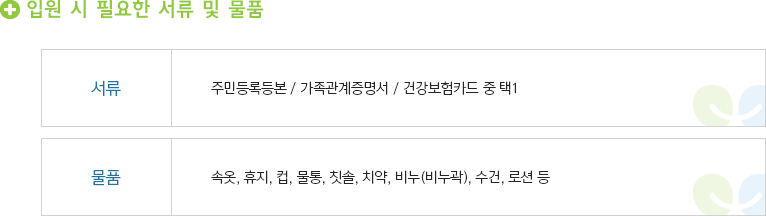 입원 시 필요한 서류 및 물품